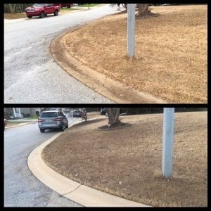 Two images of a street corner with a pole on a grassy area. The upper image shows the curb overgrown with grass and weeds. The lower image shows the same corner after cleaning, revealing a clean, well-defined curb and trimmed grass.