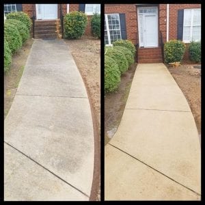 Two side-by-side images show the front walkway to a house. The left image depicts a dirty and weathered concrete walkway, while the right image shows the same walkway cleaned and appearing much brighter and refreshed.