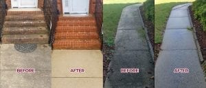 concrete-pressure-washing Two sets of before and after images show exterior areas cleaned. The first set highlights a brick staircase and concrete walkway; the second features a concrete pathway. Both 'before' images show dirt and wear, while the 'after' images show clean, restored surfaces.