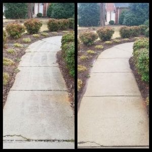 A side-by-side comparison of a concrete pathway before and after cleaning. The left image shows a dirty, stained path, while the right image shows the same pathway looking clean and bright with a noticeable improvement in appearance.