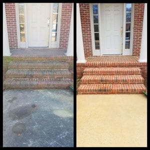 Side-by-side images of the front steps of a brick house before and after cleaning. The left image shows dirty, moss-covered steps and a stained walkway. The right image shows the same steps and walkway clean and restored, with the bricks and concrete looking fresh.