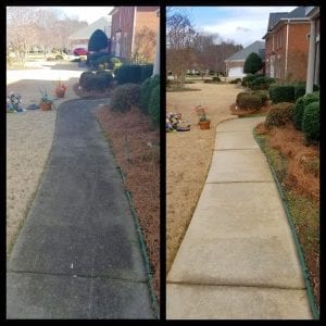Side-by-side comparison of a sidewalk before and after cleaning. The left image shows the sidewalk dirty and covered with grime. The right image shows the same sidewalk cleaned, revealing a bright, clean concrete path. The grass and garden decorations remain the same.