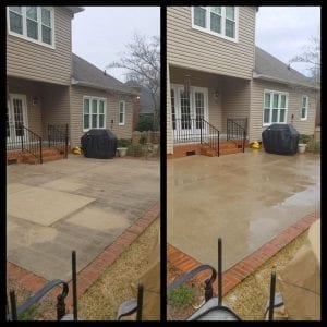 Comparison of two side-by-side images showcasing a backyard next to a beige house with white windows. The left image shows a worn-out, dirty patio, while the right image displays a clean, newly re-sealed or resurfaced patio, highlighting the restoration.