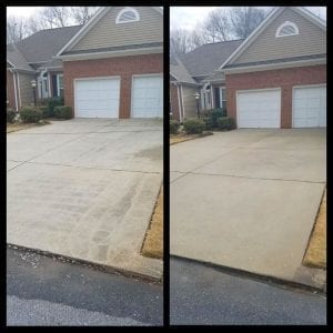 Two side-by-side images show the same driveway of a suburban house before and after cleaning. The left image reveals a dirty, streaky surface, while the right image displays a clean, uniform concrete driveway. Both images include parts of the house and yard.