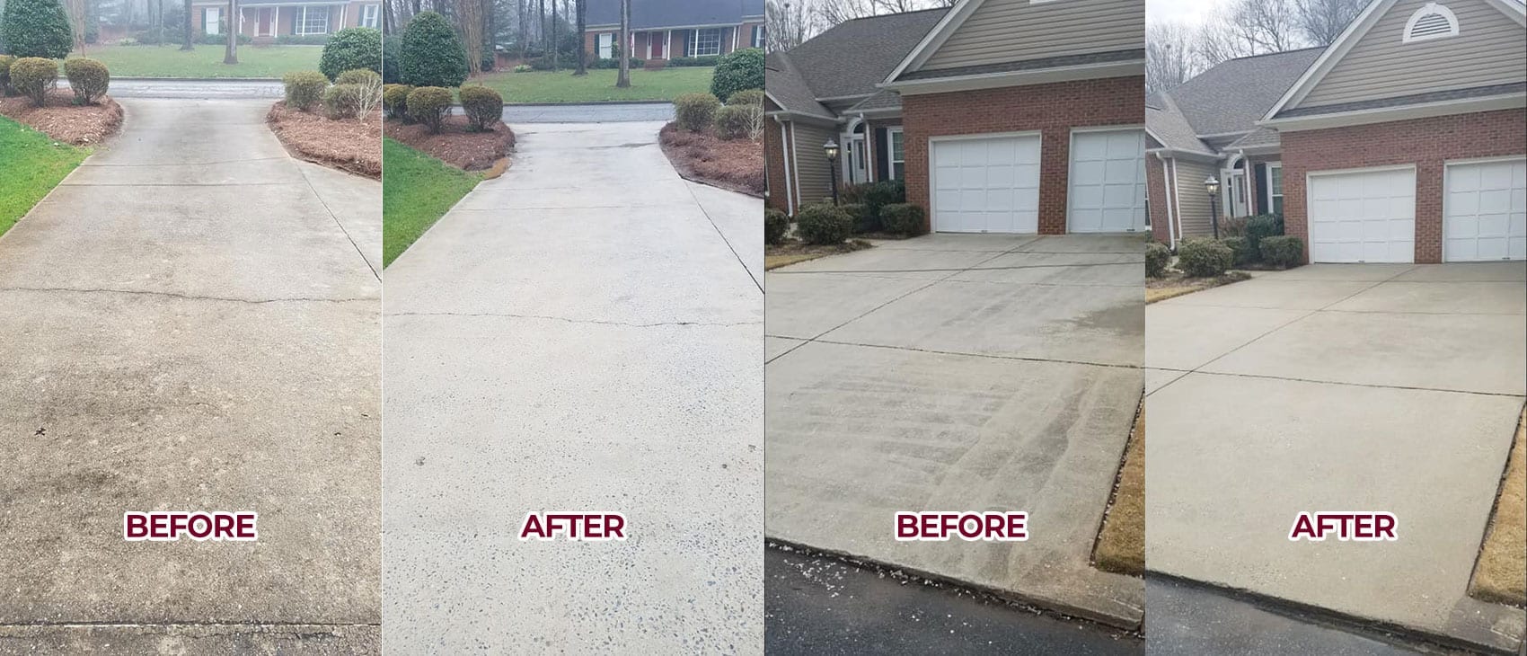 Residential Concrete Cleaning Four side-by-side images of driveways showing a clear transformation from dirty and stained on the left to clean and bright on the right, with the labels "BEFORE" and "AFTER" beneath each respective image. Two driveways in total are showcased in the comparison.