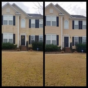Side-by-side comparison of the front of a two-story beige house with black window shutters and bushes along the entrance. The left image shows a well-maintained yard, while the right image shows a similar view with a few scattered yellow toys on the lawn.