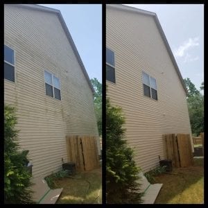 Side-by-side comparison of a house exterior before and after cleaning. The left image shows a dirty and stained siding, while the right image shows the same siding clean and free of stains, demonstrating the effectiveness of the cleaning.