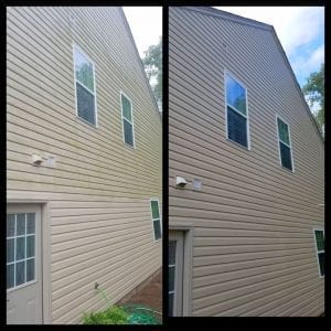 A side-by-side comparison of a house exterior before and after cleaning. The left side shows a dirty, algae-streaked wall, with discolored siding and a hose on the ground. The right side displays the same wall, now clean with uniformly colored siding and no visible grime.