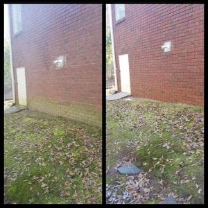 Two-panel image showing the side of a brick building. The left panel shows a ground covered in moss and fallen leaves near the building's wall. The right panel shows the same area after cleanup; the moss and leaves have been significantly reduced or removed.