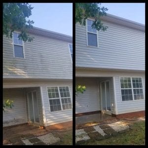 Side-by-side comparison of a house's exterior before and after cleaning. The left side shows the house with noticeable dirt and grime, while the right side shows it clean and bright. The house has beige siding, a small patio, and a few windows.