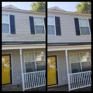 Side-by-side comparison of a two-story house exterior before and after cleaning. The left side shows the house with dirty, moldy siding and stained windows. The right side shows the same house with clean, pristine siding and windows. The house has a yellow front door.