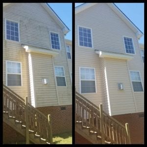 Side-by-side comparison of a house exterior before and after cleaning. The left image shows a dirty facade with grime and discoloration, while the right image shows the same area cleaned, displaying bright and spotless siding and bricks.