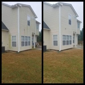 Side-by-side comparison of a house exterior before and after pressure washing. The left image shows a house with dirt and stained siding. The right image shows the same area cleaned, with bright and spotless siding. The yard remains the same in both images.