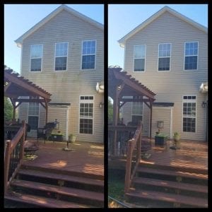 A side-by-side comparison of a house exterior before and after cleaning. The left image shows a two-story house with dirt and stains on its siding. The right image shows the same house with clean, stain-free siding. The wooden deck also appears cleaner on the right.