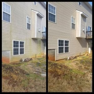 Side-by-side images of a house exterior before and after cleaning. The left image shows the siding with green mildew stains and dirt. The right image shows the same siding looking clean and free of stains.