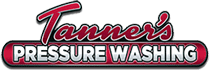 Logo for Tanner's Pressure Washing features the business name in stylized red and white text with a black outline. "Tanner's" is written in cursive above "PRESSURE WASHING" in bold uppercase letters, all set against a transparent background.