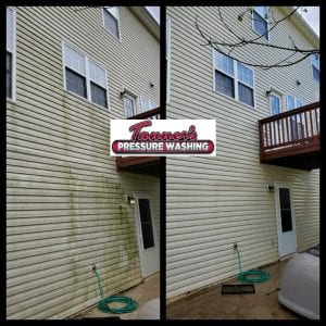 Side-by-side comparison of a house's exterior before and after pressure washing. The left side shows dirty, stained siding while the right side shows the same area cleaned and brightened. A logo in the center indicates "Tanner's Pressure Washing.