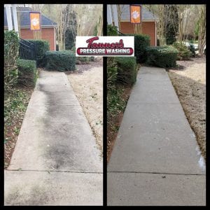 Side-by-side comparison of a concrete walkway before and after pressure washing. The left image shows the walkway dirty and discolored, while the right image shows it clean and bright. "Tanner's Pressure Washing" logo is displayed at the top with a Clemson University flag in the background.