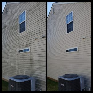 Side-by-side comparison shows the exterior of a house before and after cleaning. The left image displays a wall with heavy dirt and grime, while the right image showcases the same wall clean and free of debris. An air conditioning unit is visible in both images.