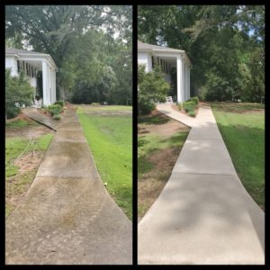 A side-by-side comparison of a walkway leading to a house. The left image shows the walkway dirty and partially wet with visible dirt and grime, while the right image shows the same walkway clean, bright, and free of debris after being power washed.