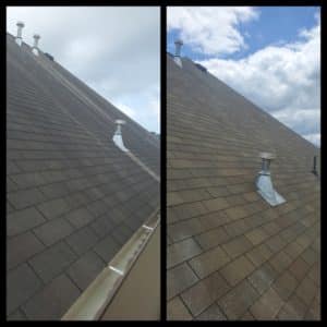 Side-by-side comparison of a roof before and after repair. Left image shows a roof with several visible imperfections and unsealed pipes. Right image shows the same roof with smoothed shingles and properly sealed pipes under a clearer sky.