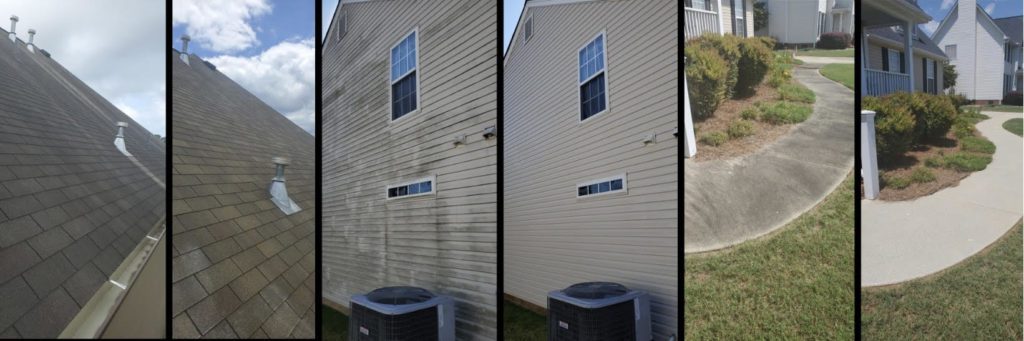 A series of six images showing before and after results of exterior house cleaning. The first three images display dirty roofs and walls with visible stains, while the last three images show the same areas cleaned, with bright and pristine surfaces.