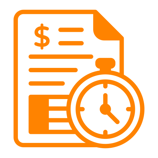 An orange icon showing a document with a dollar sign and lines, symbolizing financial information, beside a stopwatch, indicating time-related or deadline-related financial processes.