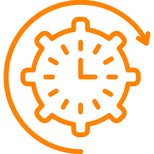 An orange clock icon with gear-like edges and a clockwise arrow surrounding it, indicating a concept of time management or rotation.