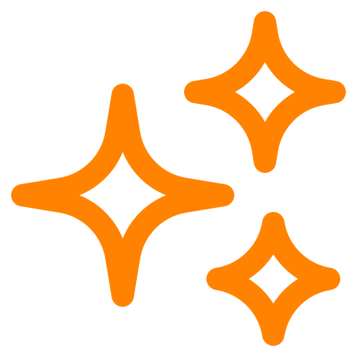 Three orange sparkle icons on a white background. The sparkles are stylized, with a diamond shape and four pointed star-like extensions.