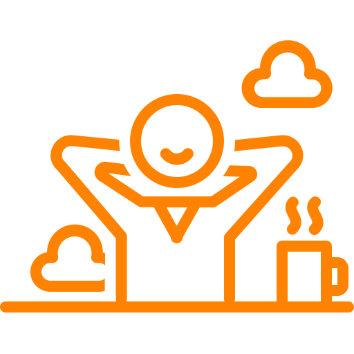 Icon of a smiling person with arms behind their head, relaxing. A steaming coffee cup is on the right, and two clouds are in the background. The image is outlined in orange.